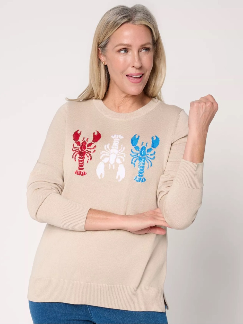 Liberty Belles by Kim Gravel Dockside Lobster Sweater in Sand Dune